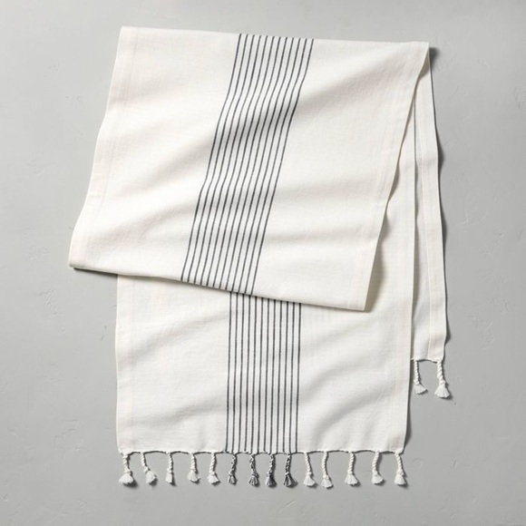 Core Stripe Twisted Fringe Table Runner Blue/Cream - Picture 1 of 2